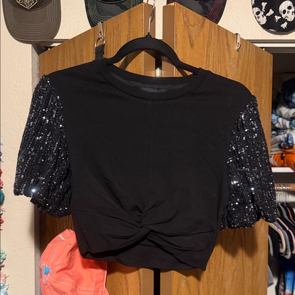 Dance & Marvel Black Sequin Sleeve Crop Top